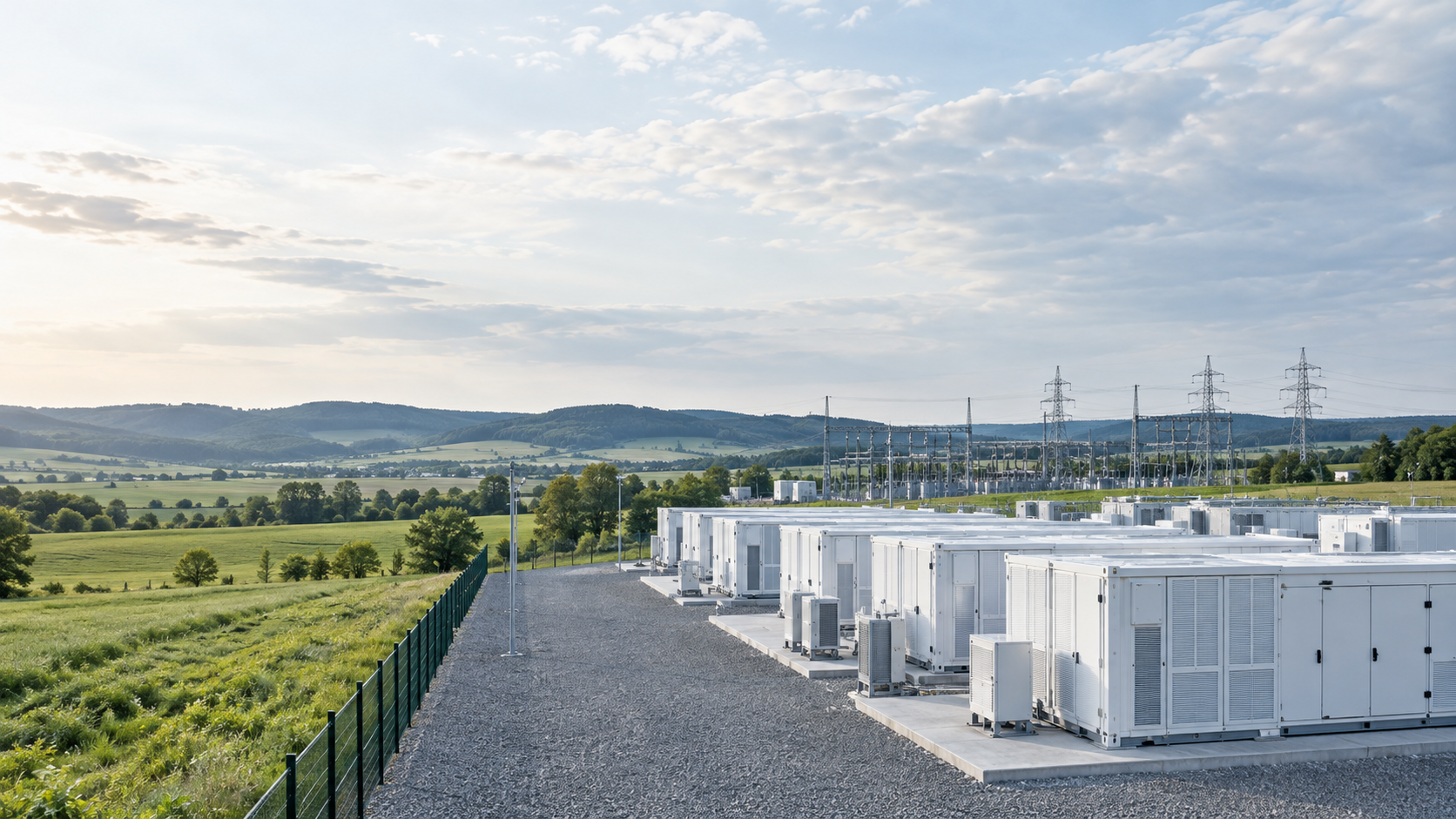 Großbatteriespeicher an einem Umspannwerk in einer deutschen Landschaft