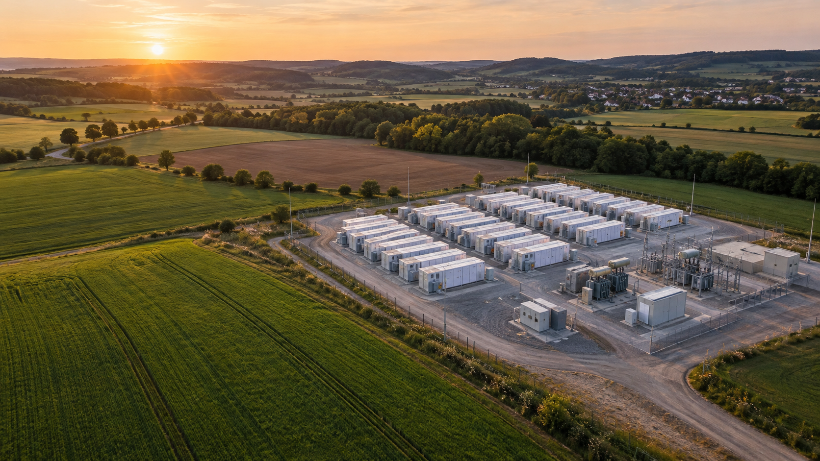Luftaufnahme des Konzeptprojekts Vega: Batteriespeicher in einer hessischen Agrarlandschaft
